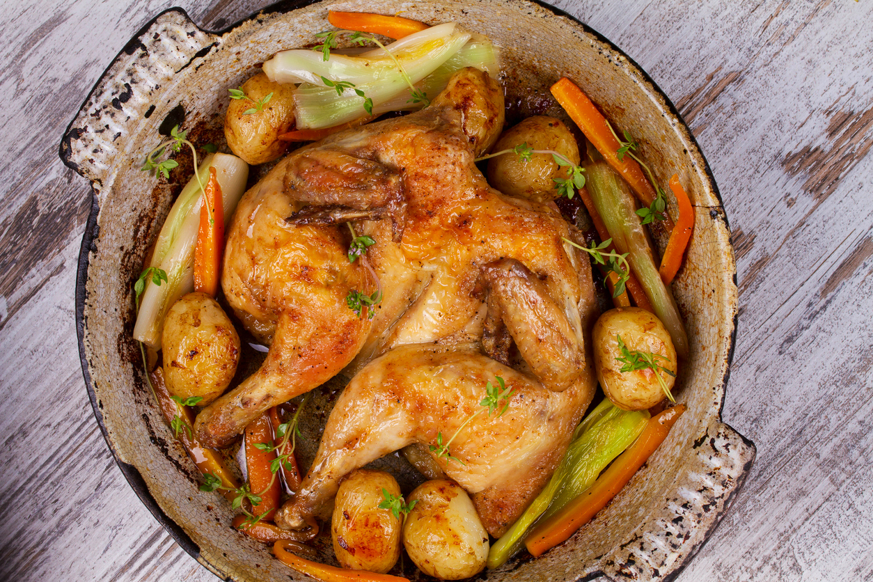 Roasted chicken with potato, carrot, leek and thyme DR. RONALD HOFFMAN