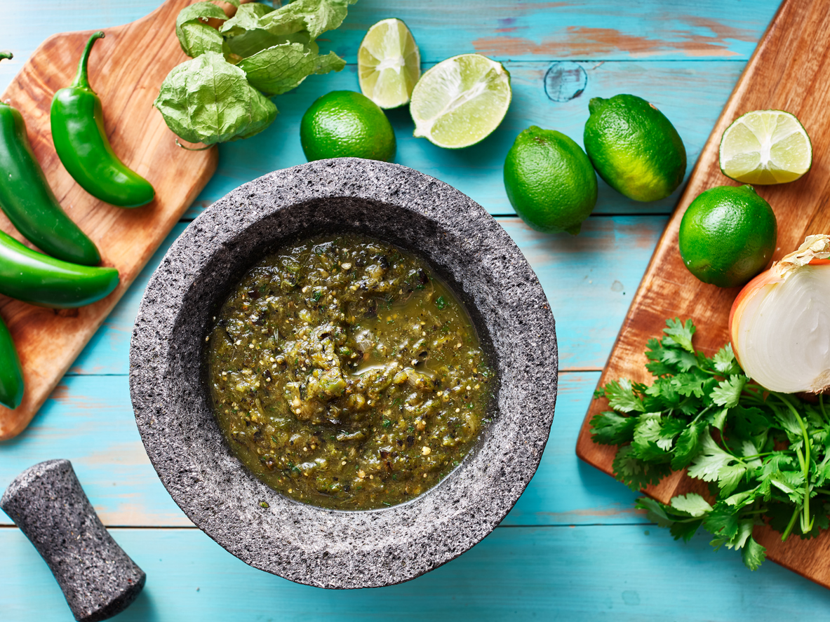 Salsa Verde In Stone Molcajete Flat Lay Composition DR RONALD HOFFMAN