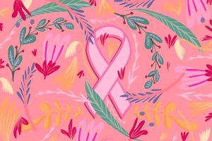 Illustration of pink breast cancer ribbon over floral background