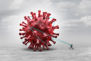 Illustration of man dragging a giant red COVID virus on a gray background