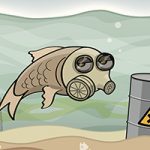 cartoon of fish wearing gas mask under murky water with toxic waste barrells and fish bones littering the sand below