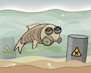 cartoon of fish wearing gas mask under murky water with toxic waste barrells and fish bones littering the sand below