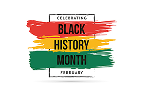 Paint swipes of red, yellow, and green, behind the words "Celebrating Black History Month February" in black capital letters