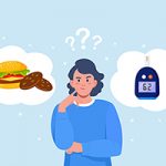 Illustration of woman debating between two thought bubbles, a hamburger meal on the left and a healthy glucose monitor on the right