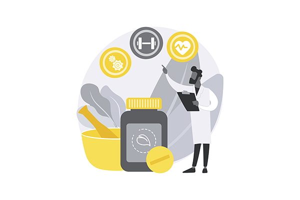 Holistic medicine abstract concept vector illustration. A doctor with lab coat and clip board stands beside a large bottle of pulls with a tablet beside it, a mortal and pestle and plant leaves behind. The doctor is pointing toward circles containing symbols for heart health, exercise, and science.