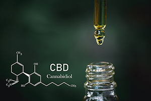 A dark background with the CBD chemical formula drawn in white next to the neck of an oil bottle beneath a dropper releasing a drop of CBD oil .