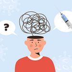 Illustration of a man with scribbles of confusion coming from the top of his head, and a speech bubble to either side, one with a question mark, one with a syringe.