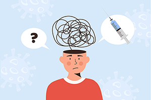 Illustration of a man with scribbles of confusion coming from the top of his head, and a speech bubble to either side, one with a question mark, one with a syringe.