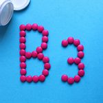 Blue background with a white pill bottle in the top left corner. Pink tablets spell out "B3"