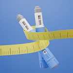 Two injectors / dosing pens for subcutaneous injection of antidiabetic medication or anti-obesity medication hovering over a blue background. A yellow measuring tape around the injectors.
