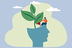 Illustration of a blue head, with a green plant growing out of the top. A woman in a red shirt sits on the forehead watering the plant from a watering can. White clouds float overhead on an abstract background.