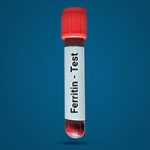 Blood vial labeled with "Ferritin - Test" over a dark gradient background.