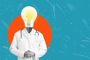 Doctor with a lightbulb head on a blue textured background