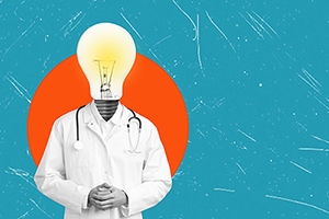 Doctor with a lightbulb head on a blue textured background