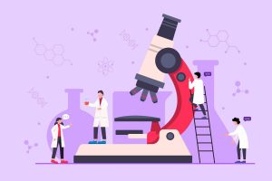 Illustration of a giant microscope with several white-coated researchers around it discussing results and scientific symbols floating in the background.