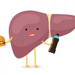 Illustration of an unhappy liver holding a cheeseburger in one hand a cola bottle in the other