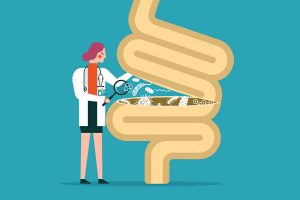 Illustration of human digestive system with a female doctor holding a magnifying glass to the bacterial inside