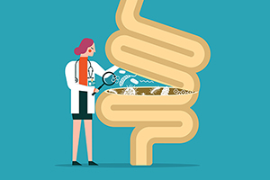 Illustration of human digestive system with a female doctor holding a magnifying glass to the bacterial inside