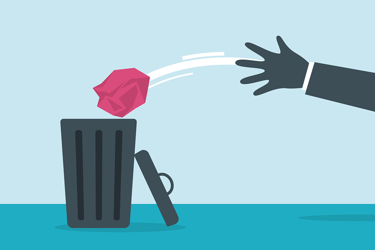 Illustration of hand throwing a balled up red paper into a trash can