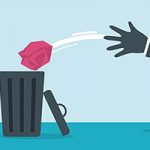 Illustration of hand throwing a balled up red paper into a trash can