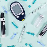 Diabetes treatment equipment with blood glucose sugar meter, lancets, insulin vial and syringes