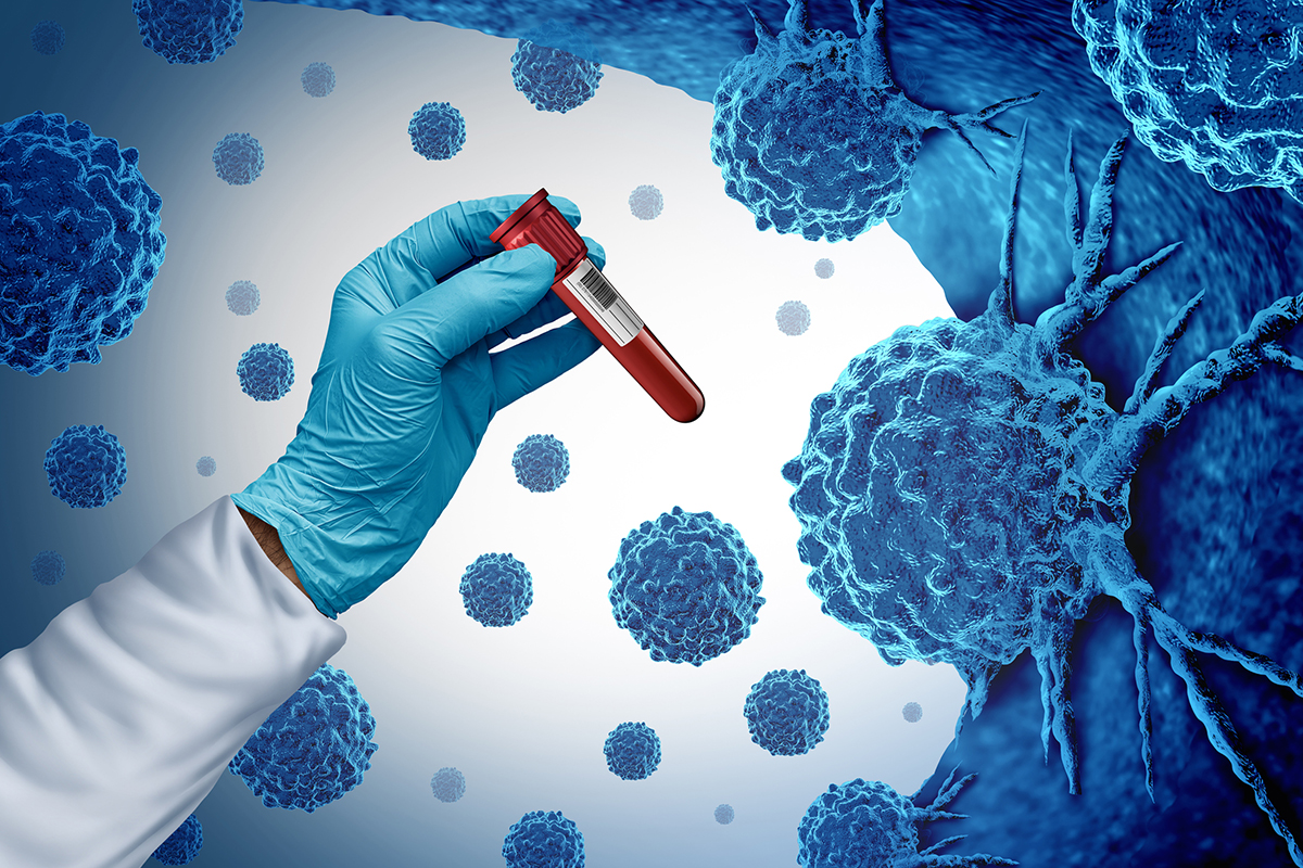 3D illustration of gloved hand in lab coat holding a vial of blood, with a background of cancer cells