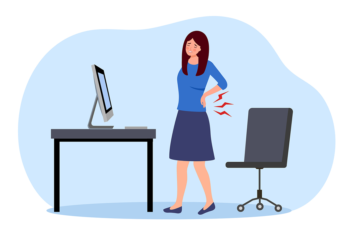 Illustration of woman with lower back pain from sitting all day at her desk