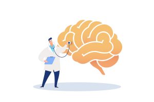 Illustration of doctor holding a stethoscope up to a brain; brain health concept.