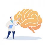 Illustration of doctor holding a stethoscope up to a brain; brain health concept.