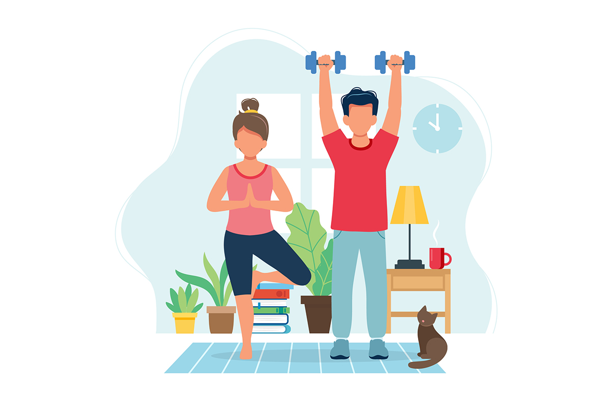 Illustration of a man and woman exercising at home. They stand on a yoga mat, her in tree pose, him lifting a pair of dumbbells over his head. In the background, you can see some living room furniture and plants, as well as a window and clock on the wall. Their black cat sits on the edge of the mat.