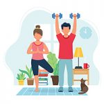 Illustration of a man and woman exercising at home. They stand on a yoga mat, her in tree pose, him lifting a pair of dumbbells over his head. In the background, you can see some living room furniture and plants, as well as a window and clock on the wall. Their black cat sits on the edge of the mat.