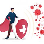 Illustration of man in a superhero cape standing behind a shield that protects him from a floating cluster of germs.