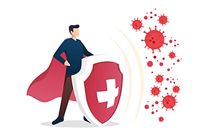 Illustration of man in a superhero cape standing behind a shield that protects him from a floating cluster of germs.