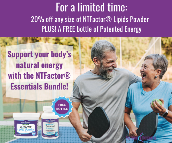 Senior couple holding pickleball paddles. On the top, over a purple bar, reads "For a limited time: 20% off any size of N T Factor Lipids Powder. Plus a free bottle of Patented Energy." Next to the couple, it reads "Support your body's natural energy with the N T Factor Essentials Bundle!" In the bottom left are bottles of both products with a badge reading "Free bottle!" over the Patented Energy.