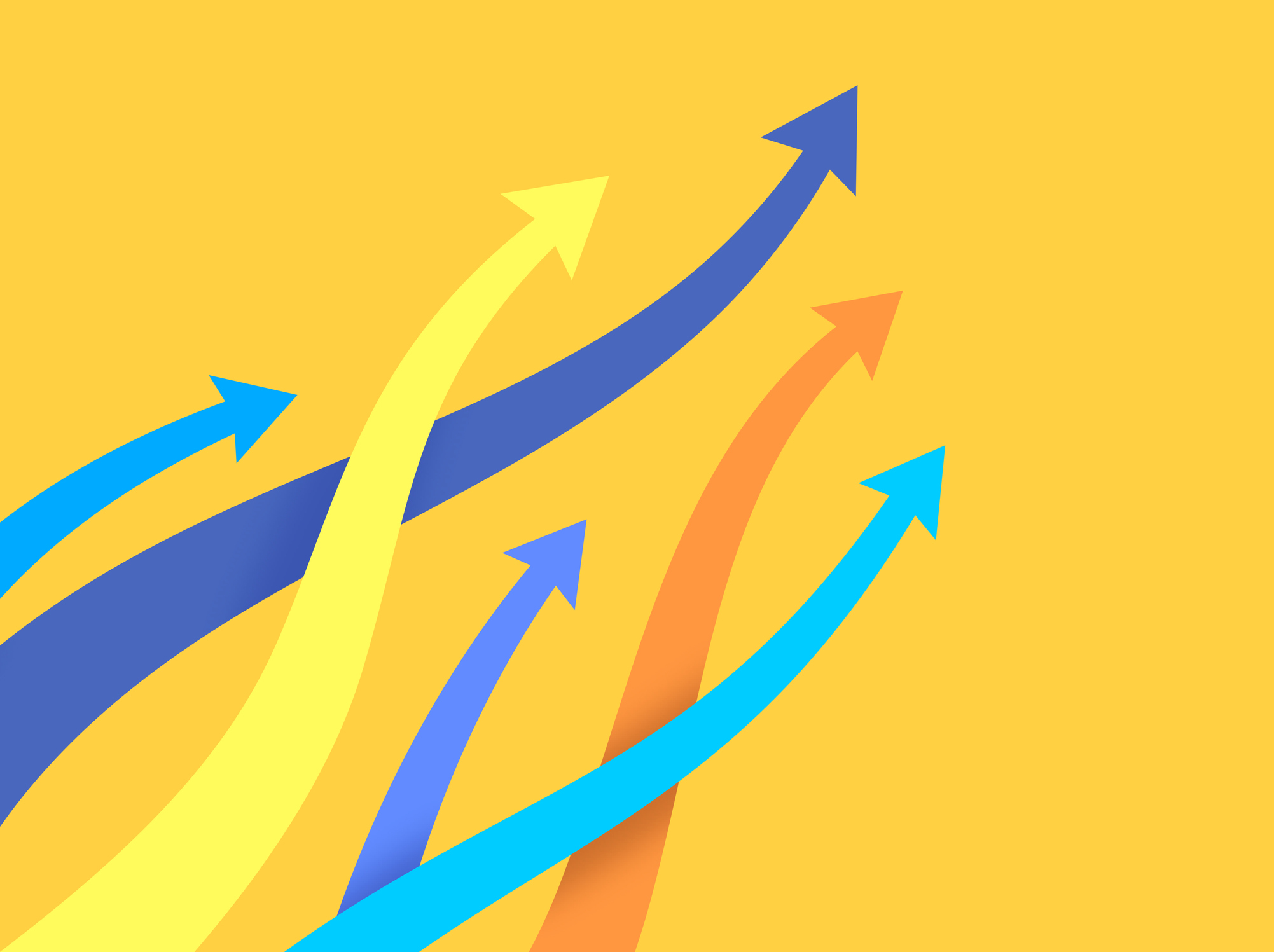 Yellow background with six wavy arrows in multiple colors, spreading from the bottom left to top right of the photo, some of them crossing over each other. Concept for multiple paths continuing forward.