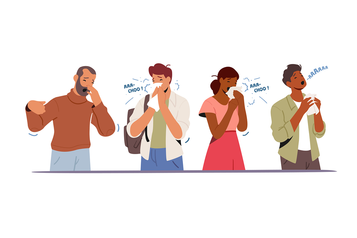 Illustration of four adults, all sneezing or coughing. From left to right, a bearded man in a turtleneck coughing into his hand, a man with short brown hair wearing a backpack sneezing into a tissue, a woman with dark hair in a ponytail and a neutral-toned shirt and skirt sneezing into a tissue, and a dark-haired man in a dress shirt on the verge of a sneeze.