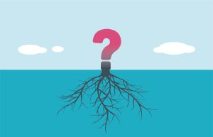 An illustration of a horizon with a question mark and cloudy skies above the horizon line, and roots spreading out from the base of the question mark into he ground below