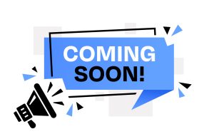 “Coming Soon” phrase placed in a blue bubble with design elements and a megaphone isolated on a white background