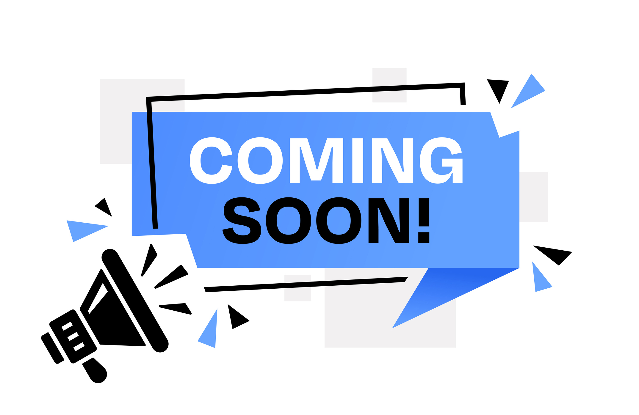 “Coming Soon” phrase placed in a blue bubble with design elements and a megaphone isolated on a white background