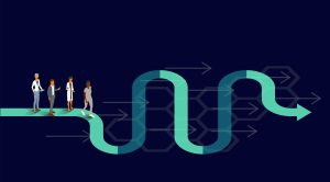 Four healthcare professionals stand on a curving, segmented, forward-pointing arrow, illustrating a timeline or sequential plan.