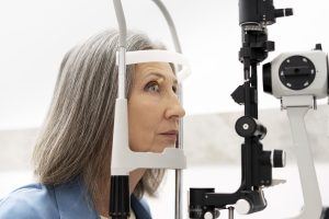 Senior woman undergoing a comprehensive eye examination using a slit lamp biomicroscope, a diagnostic procedure conducted by an ophthalmologist in a modern eye clinic to assess her ocular health