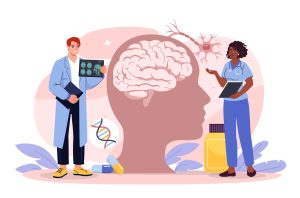 Medical professionals discussing brain health with MRI scans, a brain diagram, and related elements on a white background. Vector illustration