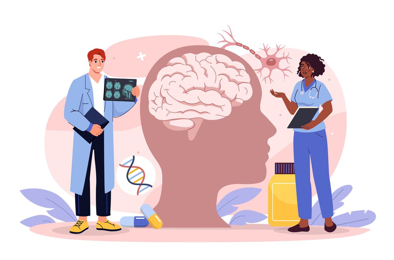 Medical professionals discussing brain health with MRI scans, a brain diagram, and related elements on a white background. Vector illustration