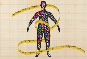 Vector illustration of Scientific medical diagram style metabolic system weight loss concept measuring tape with silhouette of a person. On vintage paper with grid lines.