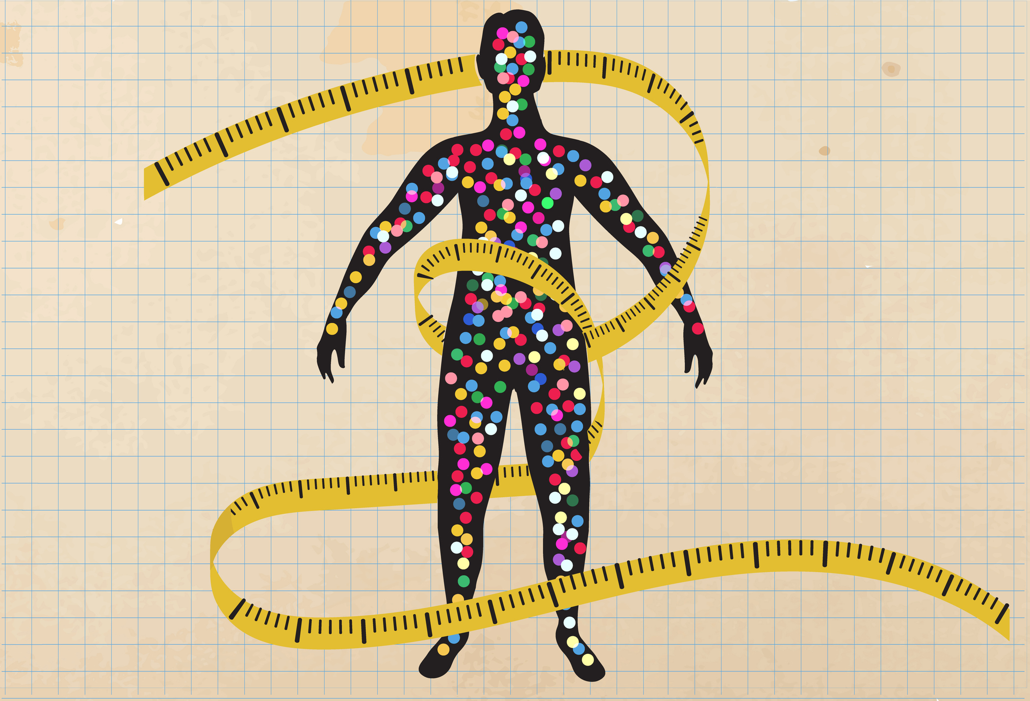 Vector illustration of Scientific medical diagram style metabolic system weight loss concept measuring tape with silhouette of a person. On vintage paper with grid lines.
