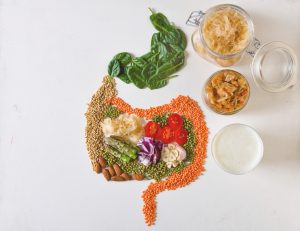 Overhead composition of gut shaped plant foods accompanied by kefir and jars of fermented vegetables. Neutral white background provides wide copy space, illustrating probiotic and prebiotic synergy for microbiome balance and digestive wellbeing.