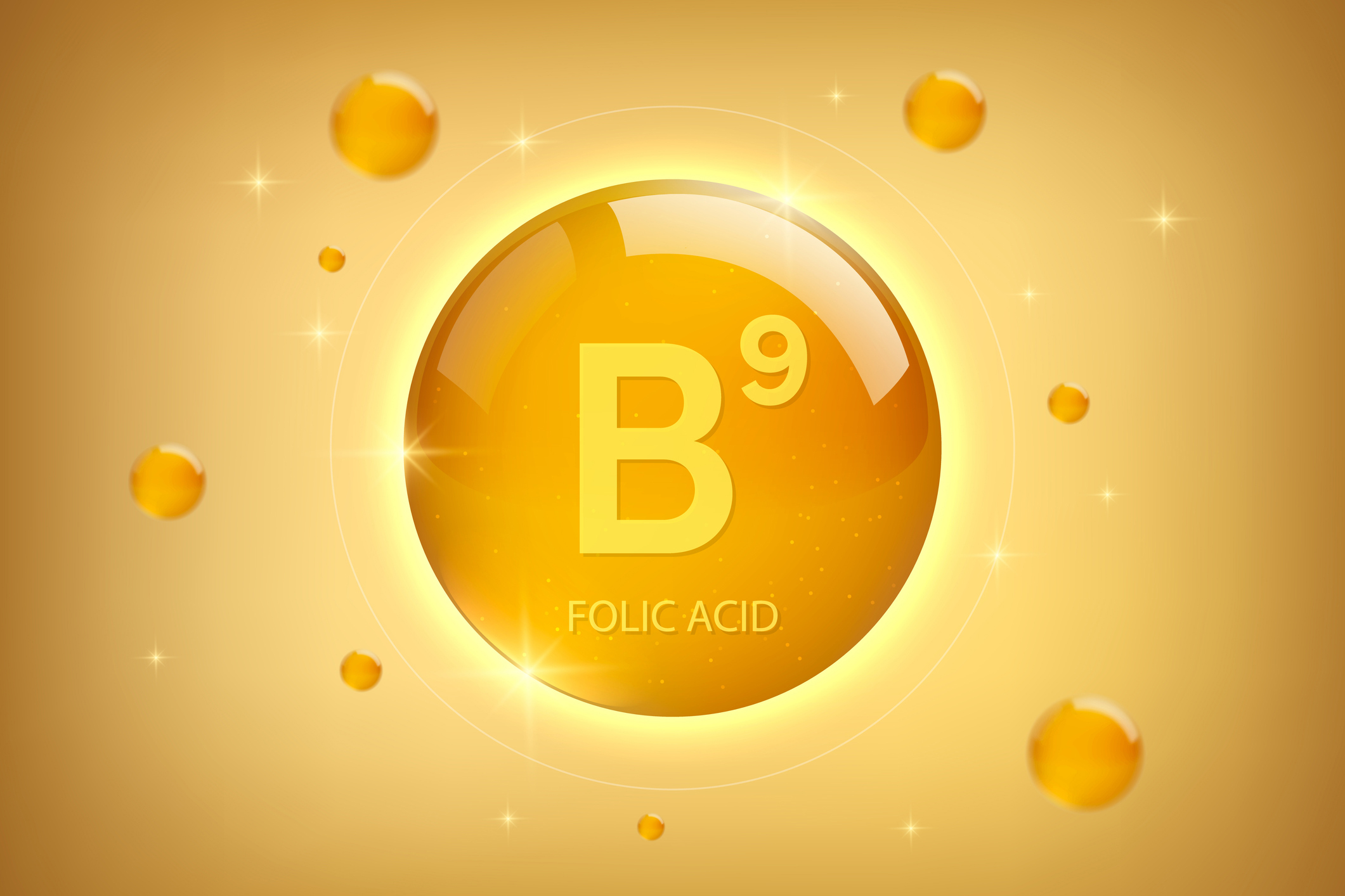 Vitamin B9 gold icon. Folic Acid vitamin drop pill capsule.